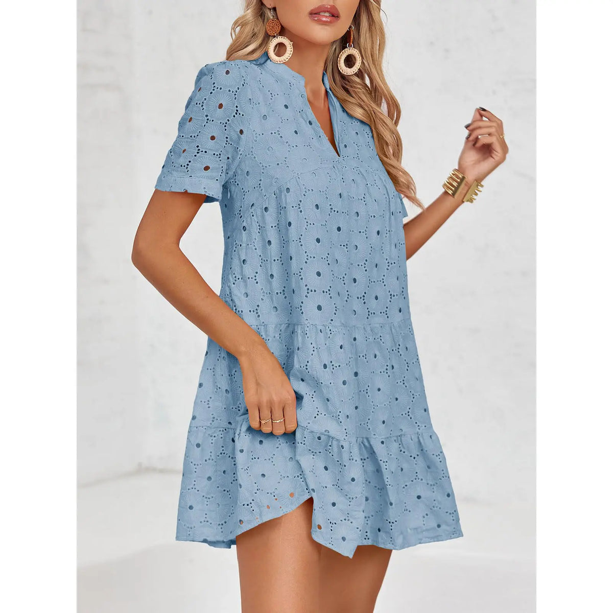 Eyelet Lace flowing dress – V-Neck, Short Sleeve, Relaxed Fit