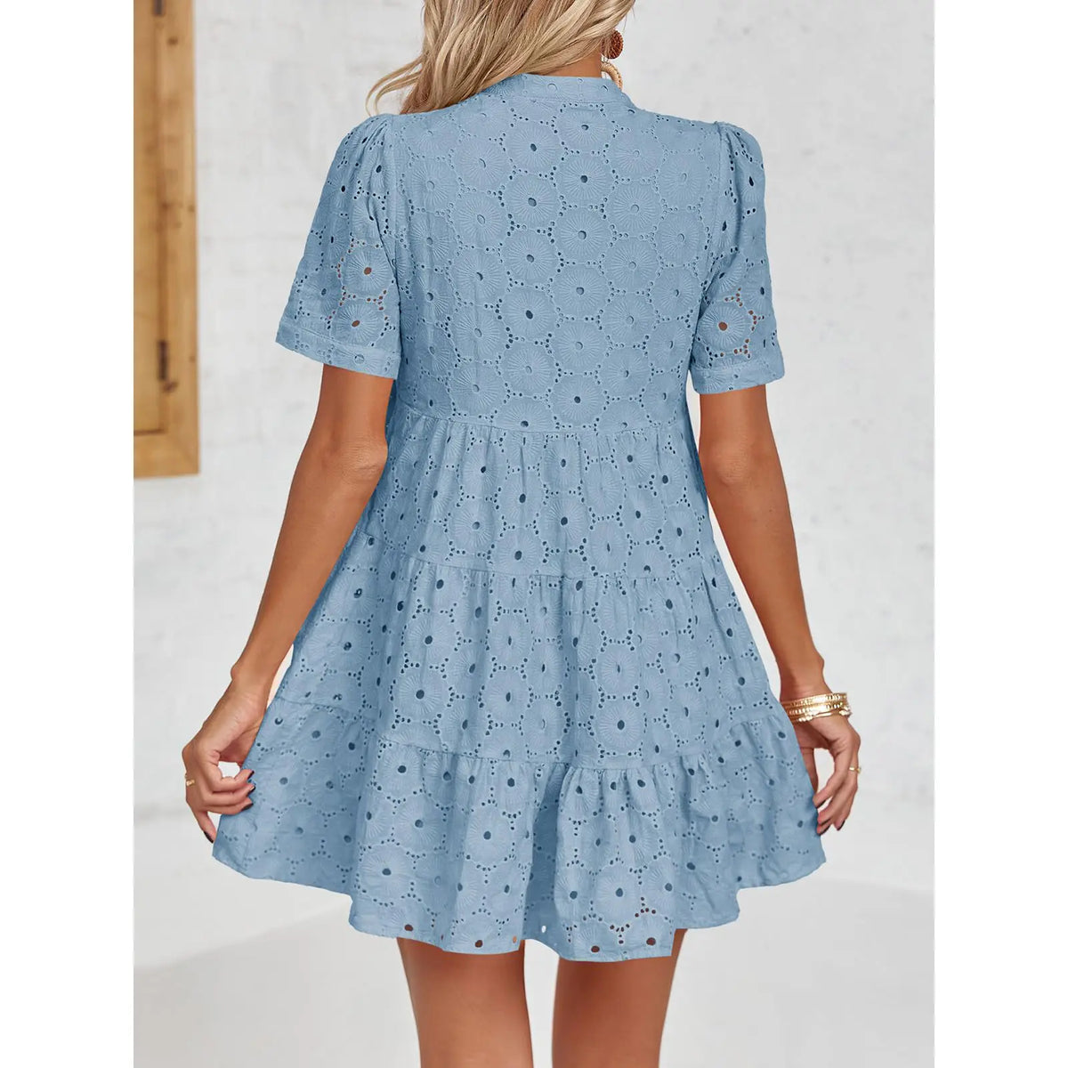 Eyelet Lace flowing dress – V-Neck, Short Sleeve, Relaxed Fit