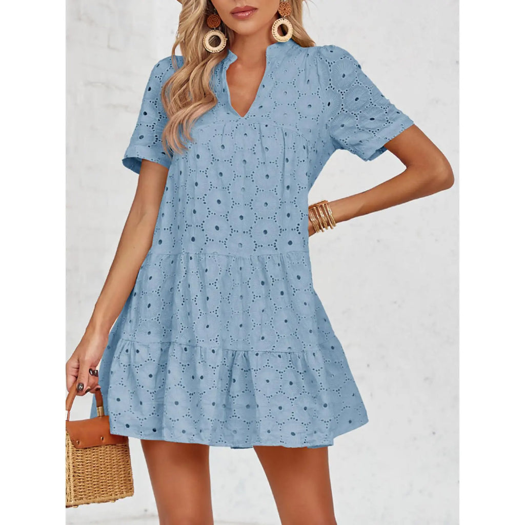 Eyelet Lace flowing dress – V-Neck, Short Sleeve, Relaxed Fit