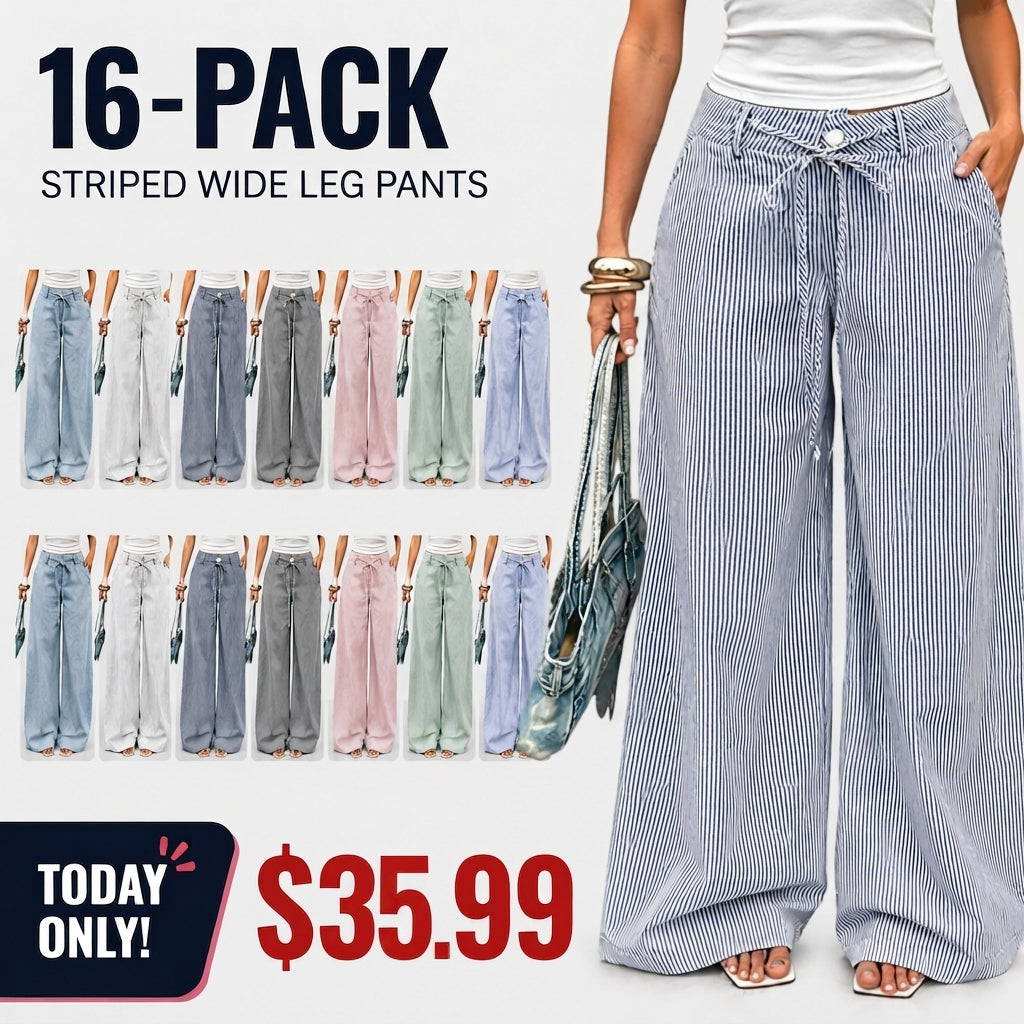 💚 Women's  Striped With Pockets Black Baggy Low Rise Wide Leg Pants