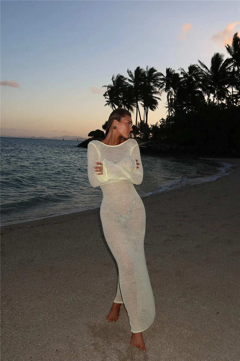 Two-Way Sheer Knit Backless Maxi Dress