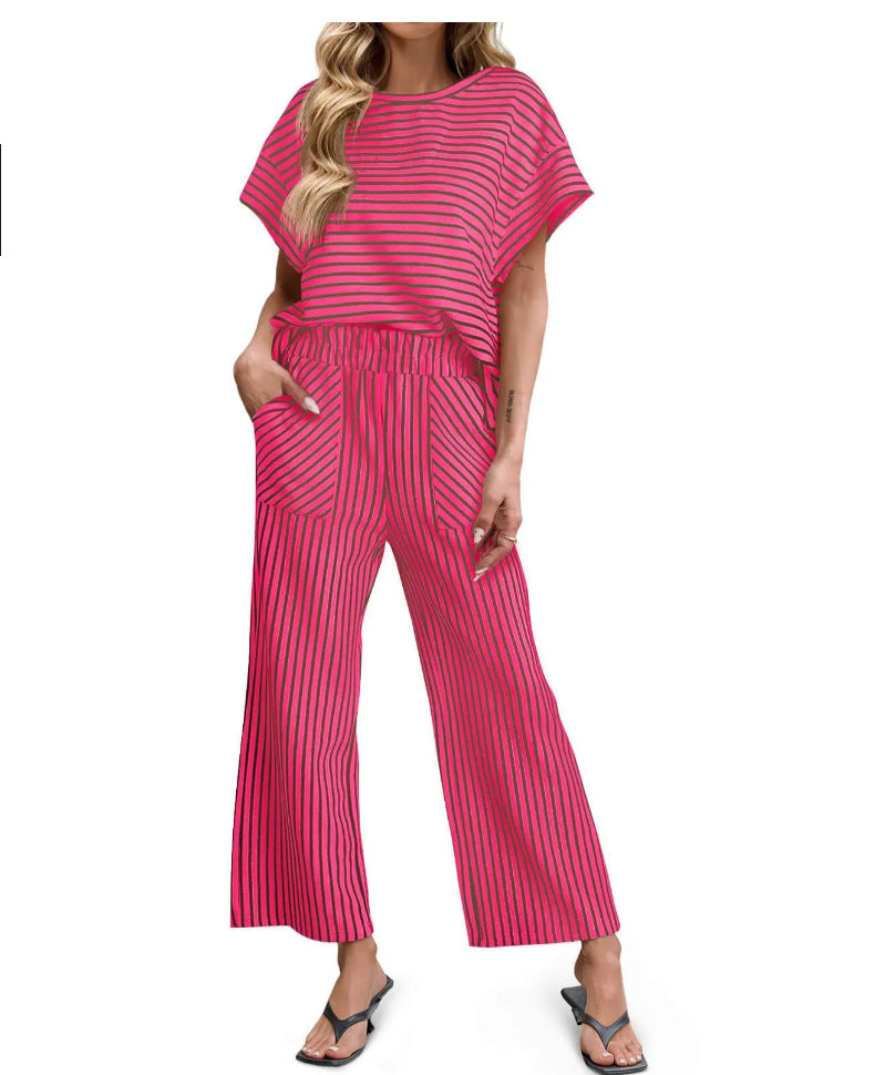 Striped Knit Lounge Set – Short Sleeve Top & Drawstring Shorts, Relaxed Fit, with Pockets