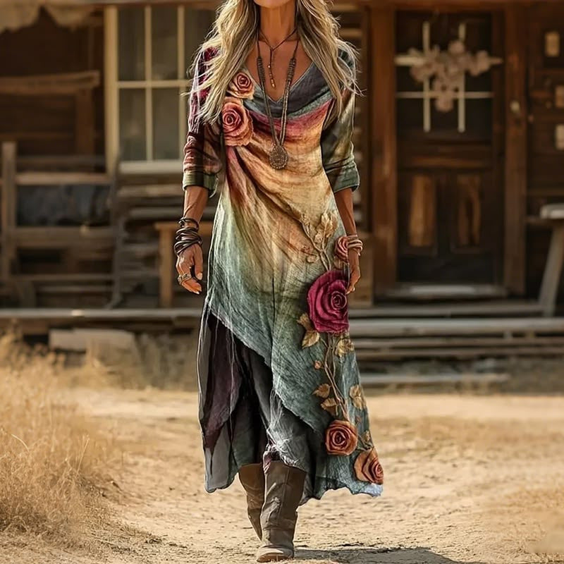 Women's Boho Maxi Dress Long Sleeve V-Neck Floral Print Dress