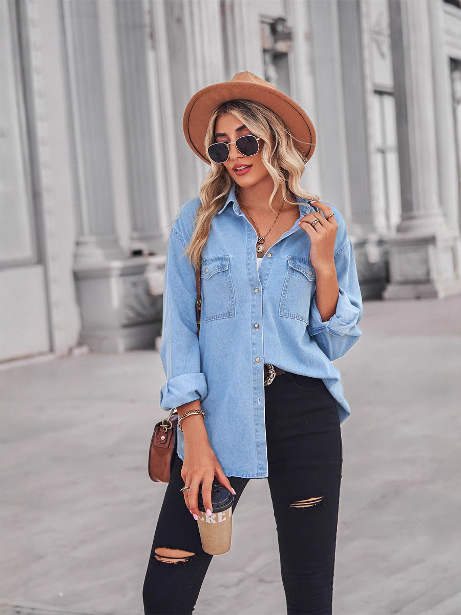 Relaxed Fit Denim Shirt – 100% Cotton, Cuffed Sleeve Detail