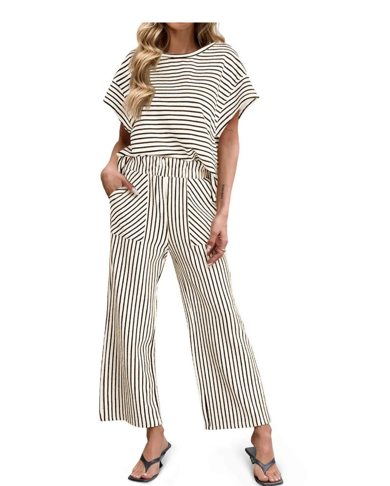 Striped Knit Lounge Set – Short Sleeve Top & Drawstring Shorts, Relaxed Fit, with Pockets