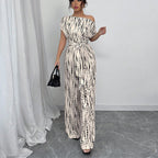Women's One Shoulder Printed Wide Leg Jumpsuit with Self-Tie Belt