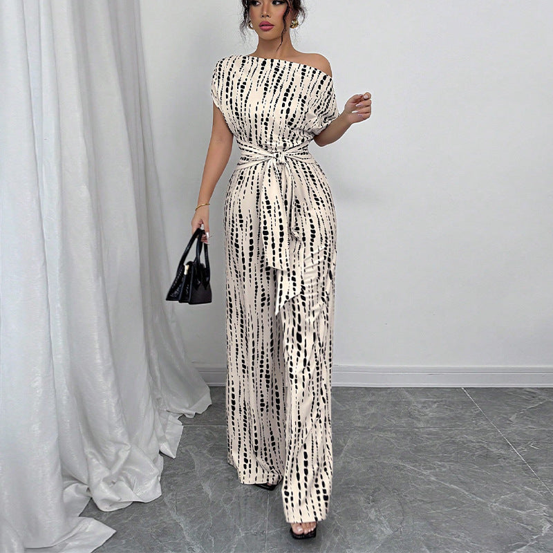 Women's One Shoulder Printed Wide Leg Jumpsuit with Self-Tie Belt
