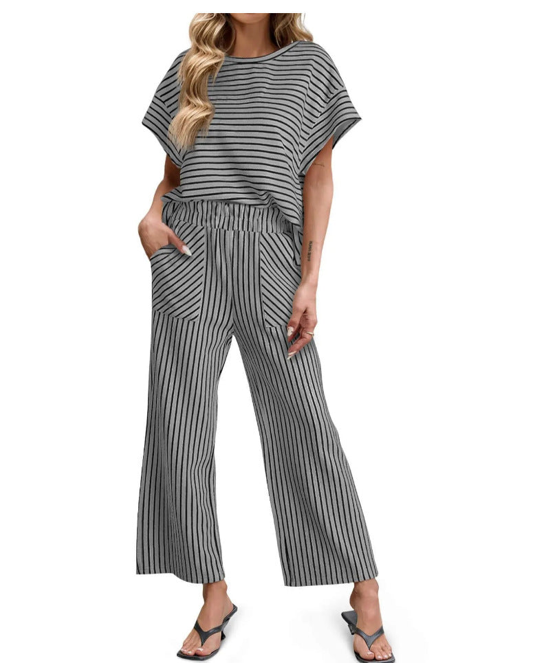 Striped Knit Lounge Set – Short Sleeve Top & Drawstring Shorts, Relaxed Fit, with Pockets