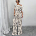 Women's One Shoulder Printed Wide Leg Jumpsuit with Self-Tie Belt
