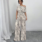 Women's One Shoulder Printed Wide Leg Jumpsuit with Self-Tie Belt