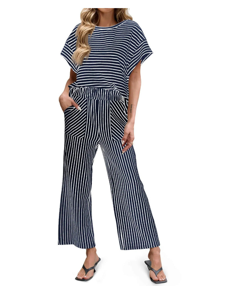 Striped Knit Lounge Set – Short Sleeve Top & Drawstring Shorts, Relaxed Fit, with Pockets