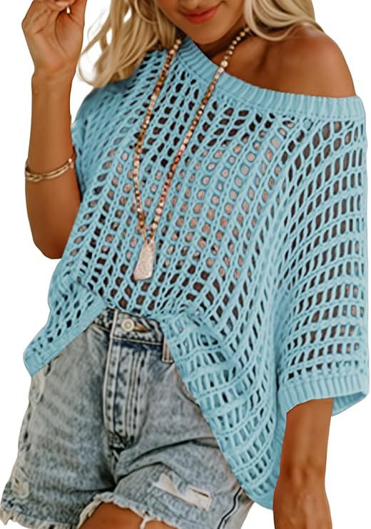 Crochet Hollow-Out Knit Top – 3/4 Sleeve, Lightweight Summer Pullover