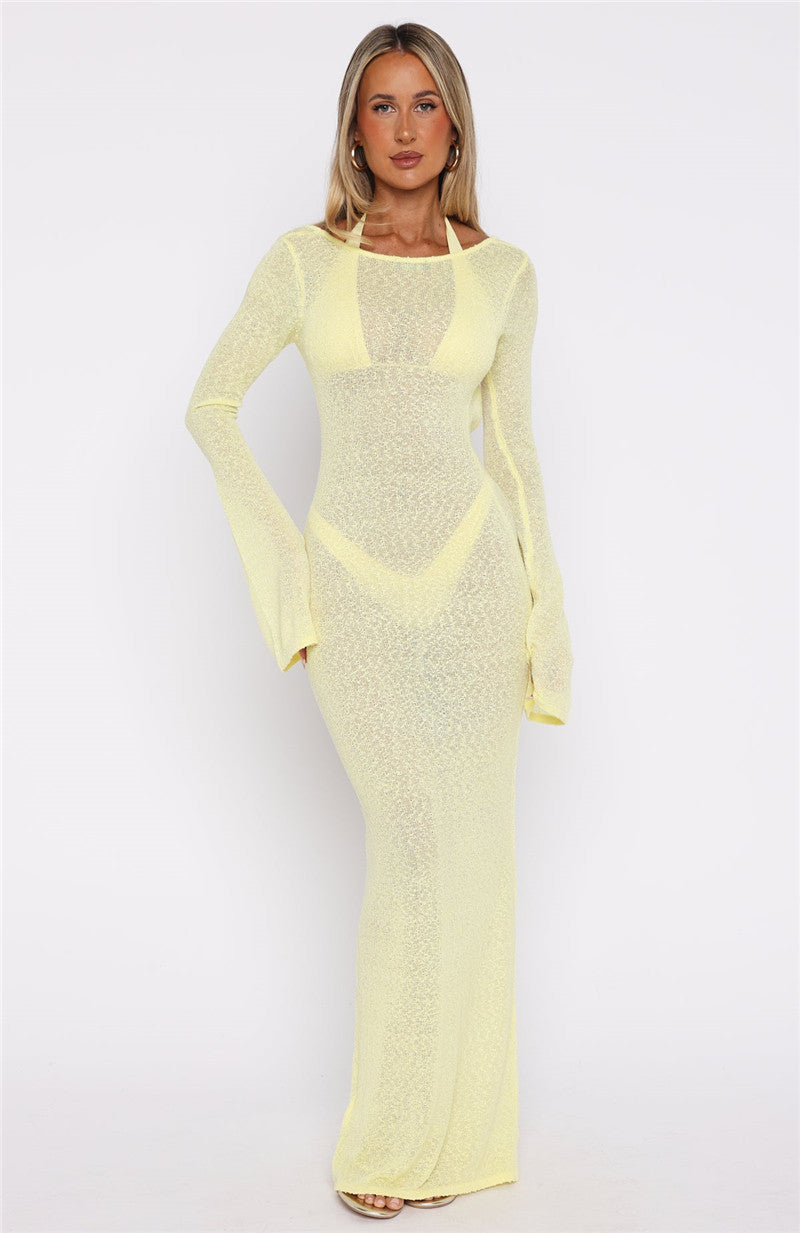 Two-Way Sheer Knit Backless Maxi Dress