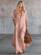 Pink Western Shirt Dress – Retro Maxi for Women