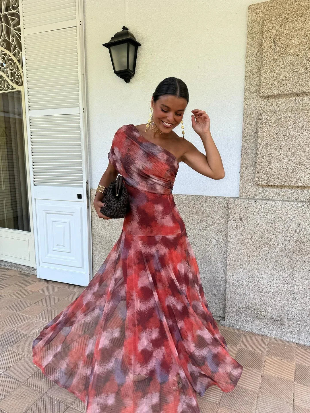 Women's One Shoulder Mesh Maxi Dress