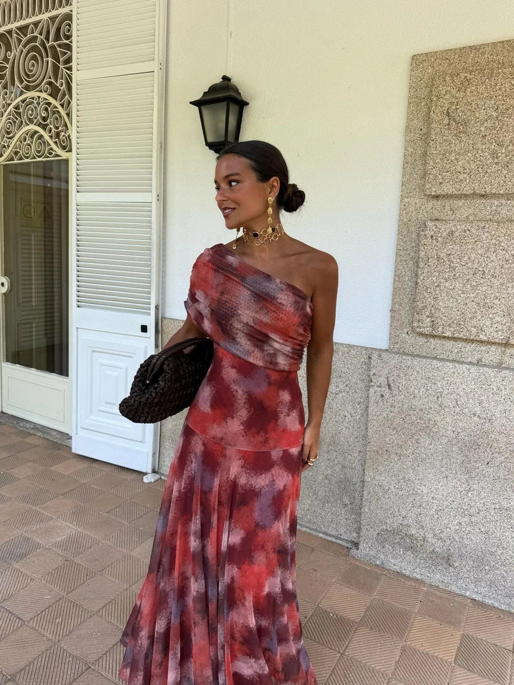 Women's One Shoulder Mesh Maxi Dress