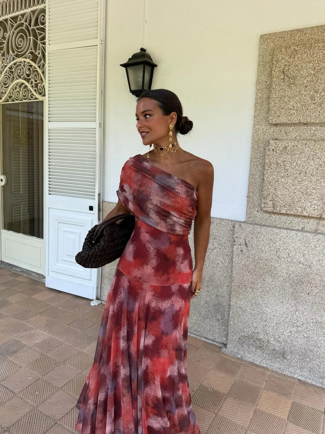 Women's One Shoulder Mesh Maxi Dress