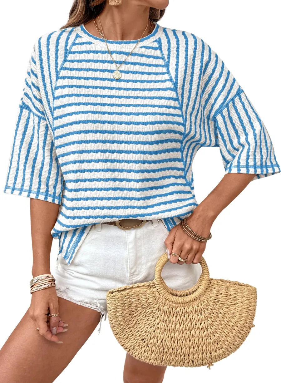 Striped Knit Split Hem Top – Crewneck, Relaxed Fit