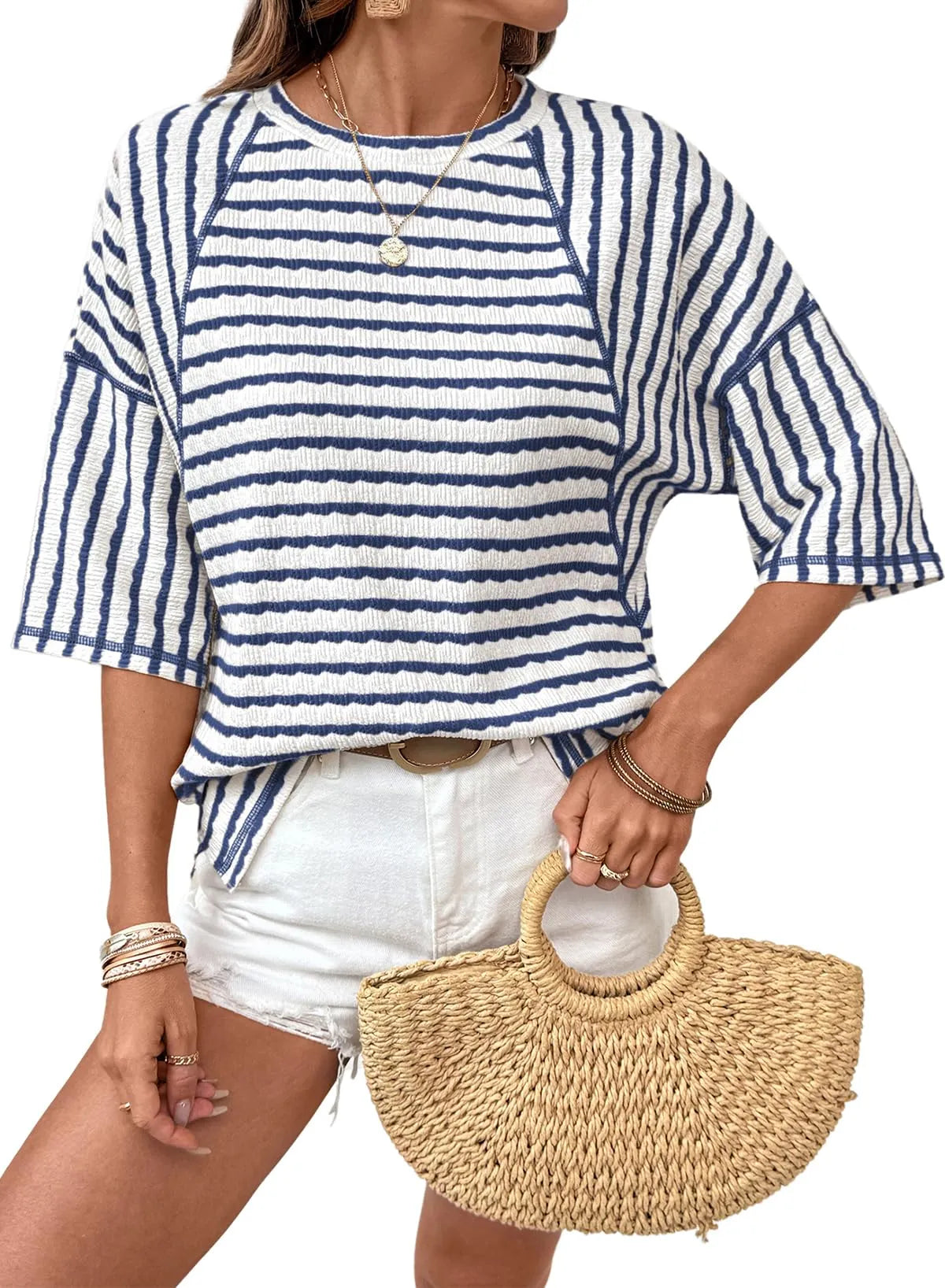 Striped Knit Split Hem Top – Crewneck, Relaxed Fit