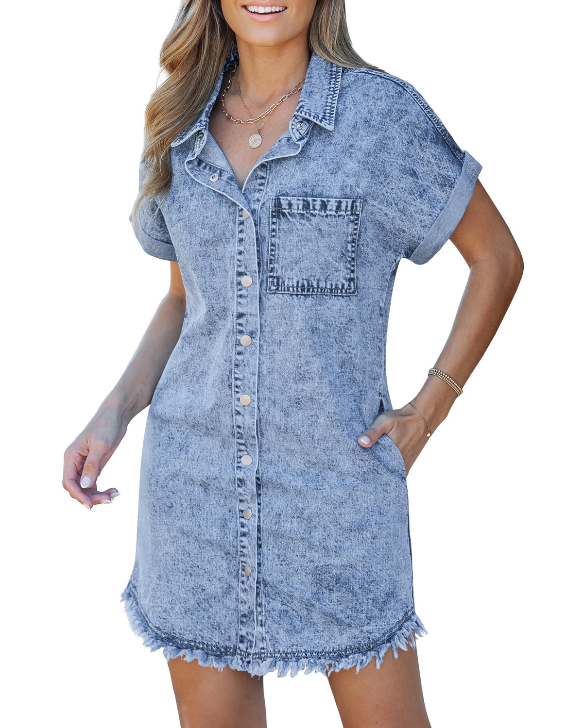 Frayed Hem Denim Shirt Dress – Button Front, Side Pockets, Relaxed Fit