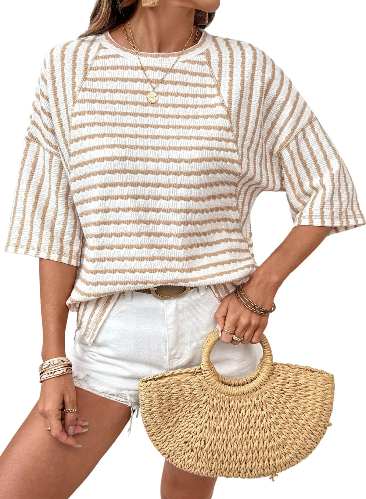 Striped Knit Split Hem Top – Crewneck, Relaxed Fit