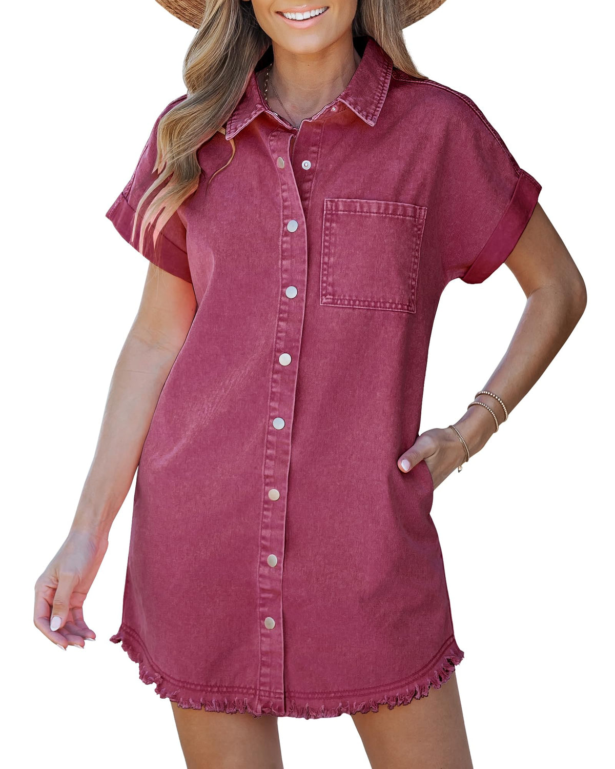 Frayed Hem Denim Shirt Dress – Button Front, Side Pockets, Relaxed Fit
