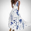 Women's Floral Print Maxi Dress – Sleeveless V-Neck Wrap Waist