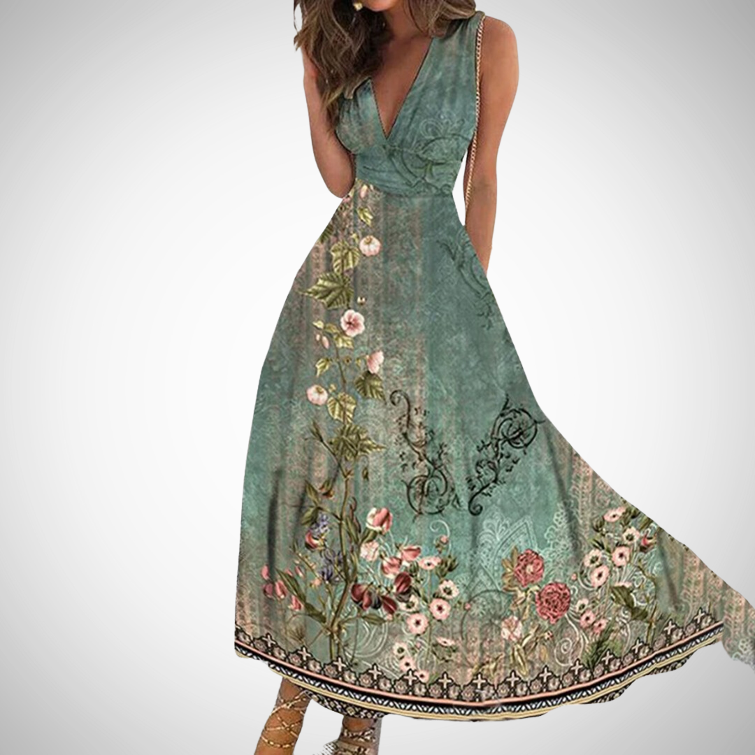 Women's Floral Print Maxi Dress – Sleeveless V-Neck Wrap Waist