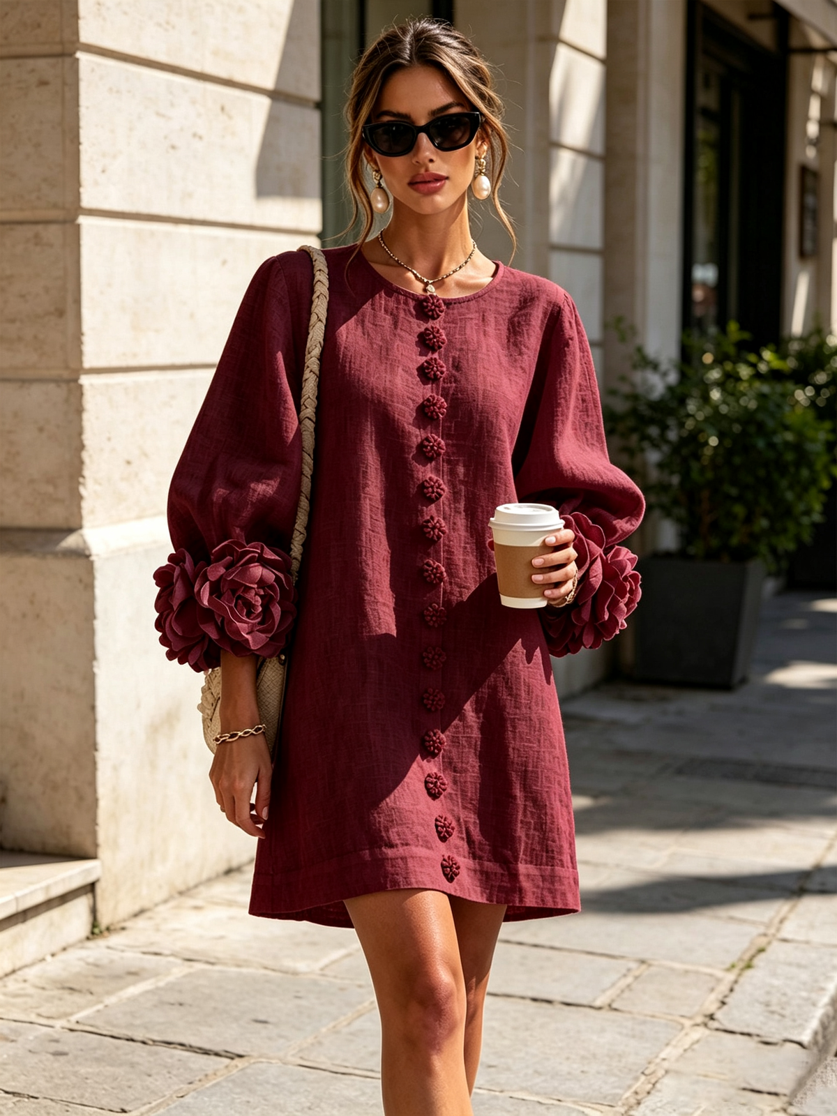 💝💝White Floral Button-down Mini Dress With Striking Floral Cuffs