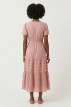 Smocked Waist Long Dress –  V-Neck, Puff Sleeves & Pockets
