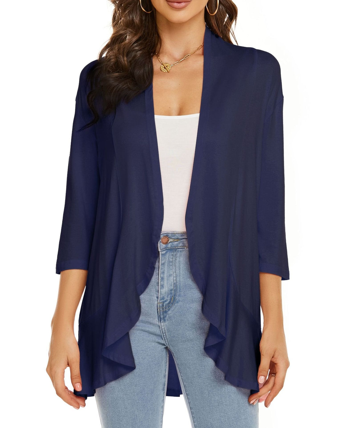 Lightweight Open Front Cardigan – Soft Rayon Blend, 3/4 Sleeve