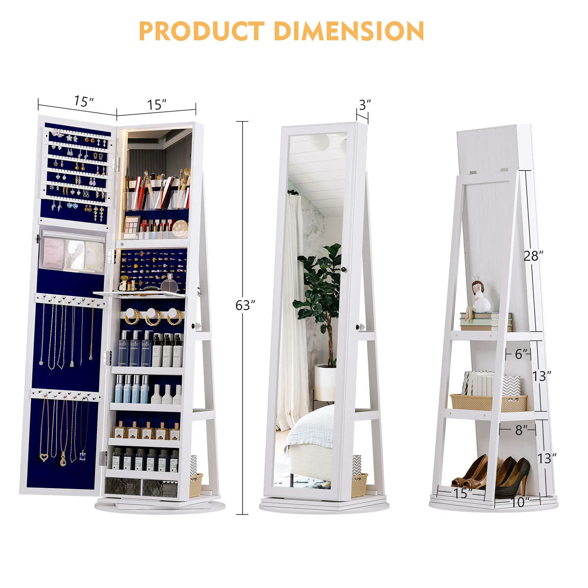 🪞360° Rotating LED Lockable Jewelry Cabinet, Modern Wood Mirror Organizer