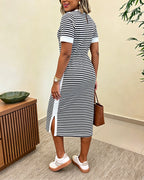 Striped Waist-Cinching Midi Dress – Crew Neck