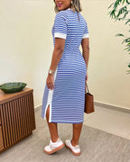 Striped Waist-Cinching Midi Dress – Crew Neck
