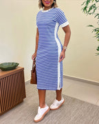 Striped Waist-Cinching Midi Dress – Crew Neck