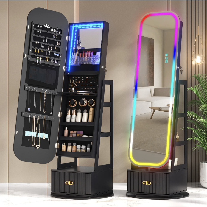 🪞360° Rotating LED Lockable Jewelry Cabinet, Modern Wood Mirror Organizer
