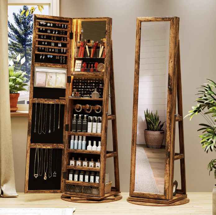 🪞360° Rotating LED Lockable Jewelry Cabinet, Modern Wood Mirror Organizer