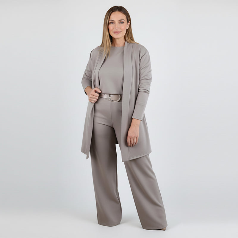 Soft Knit 3-Piece Set – Long Cardigan, Shell Top & Wide-Leg Pants