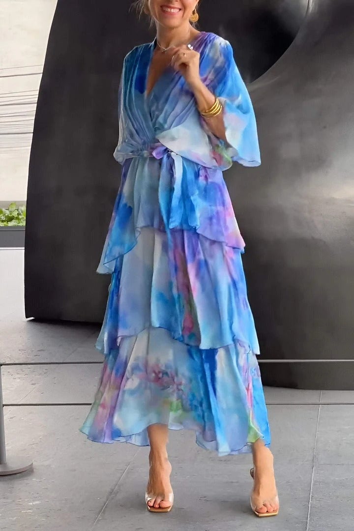 Women's Bohemian Maxi Dress – V-Neck Tiered Ruffles & Adjustable Waist Tie