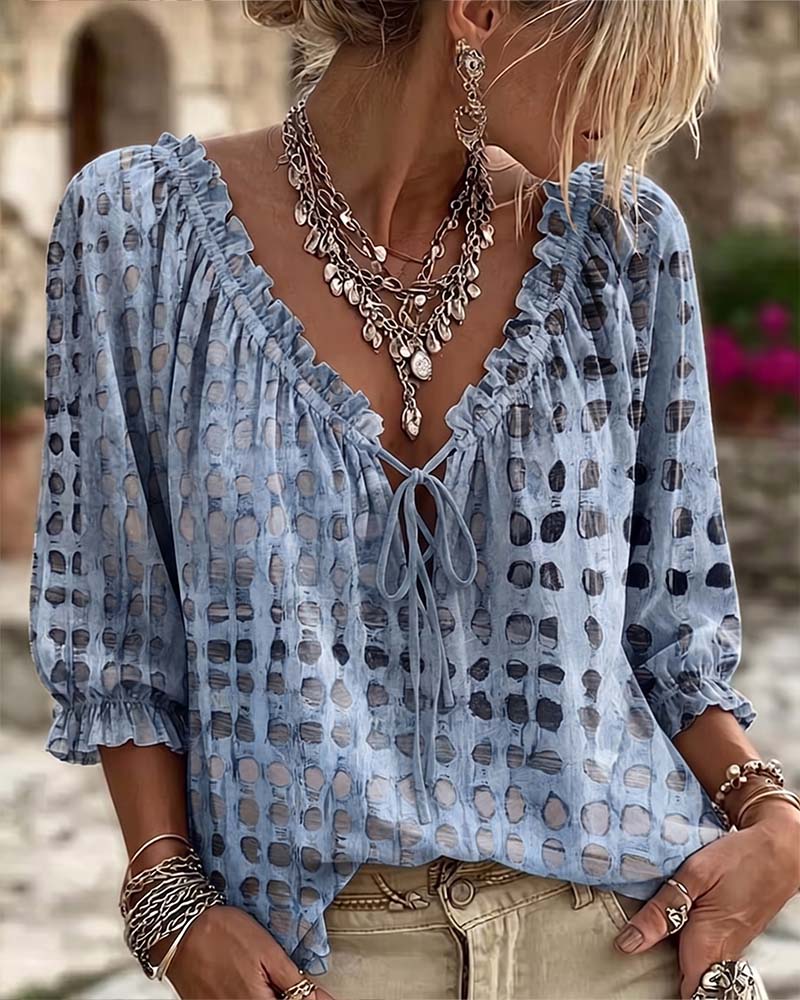 Polka Dot Tie-Front Blouse – V-Neck, 3/4 Sleeve, Relaxed Fit