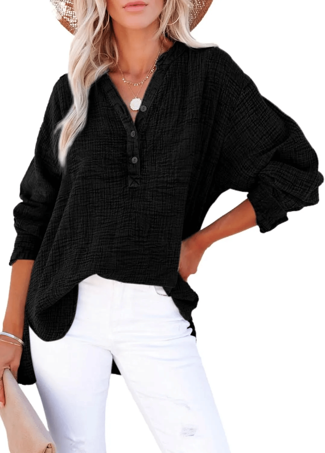 Bubble Sleeve Boyfriend Shirt – Long Sleeve Button-Up
