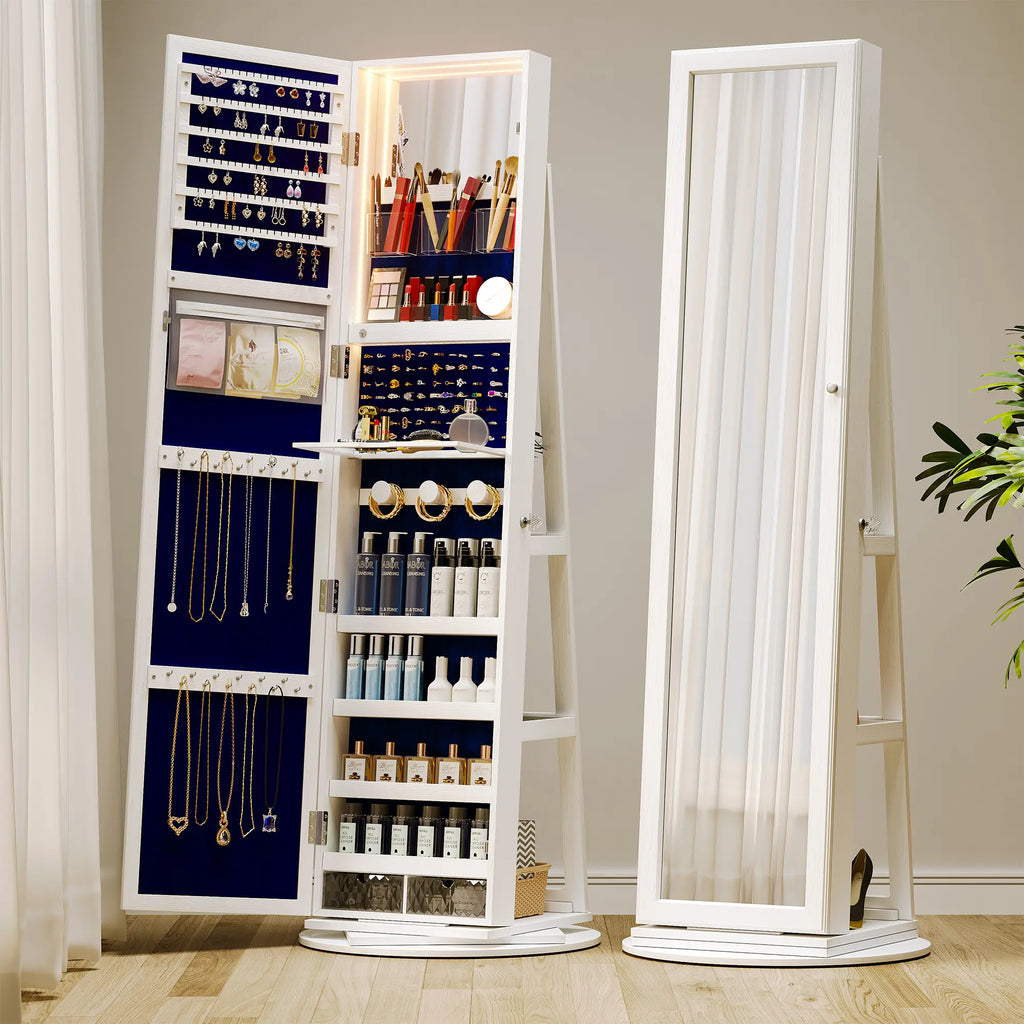 🪞360° Rotating LED Lockable Jewelry Cabinet, Modern Wood Mirror Organizer