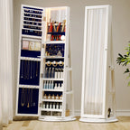 🪞360° Rotating LED Lockable Jewelry Cabinet, Modern Wood Mirror Organizer
