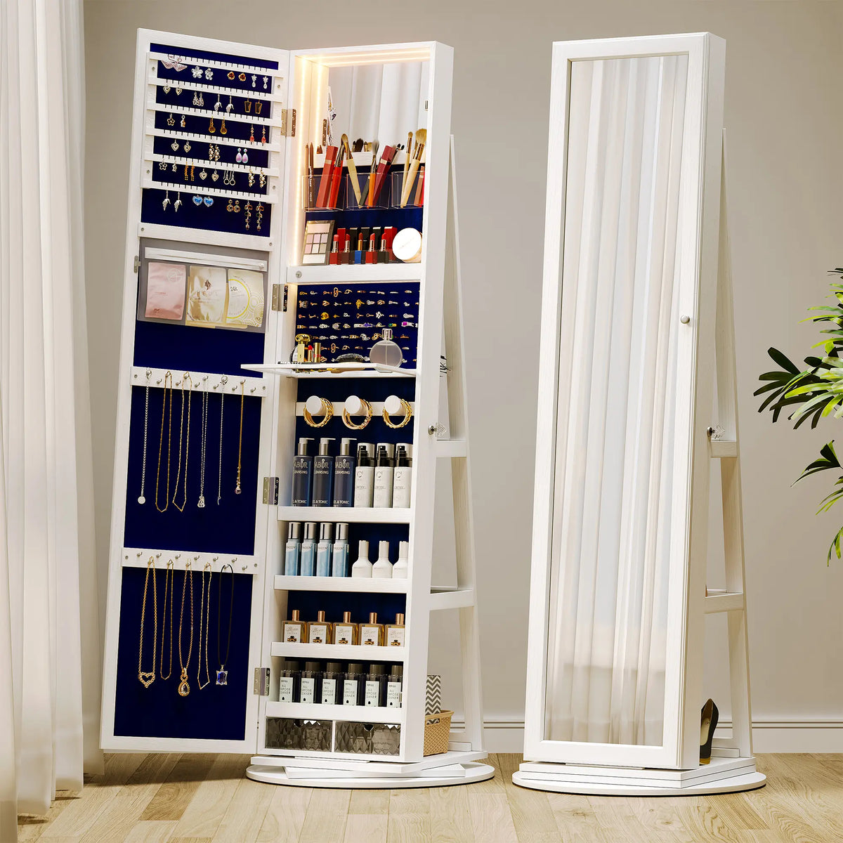 🪞360° Rotating LED Lockable Jewelry Cabinet, Modern Wood Mirror Organizer