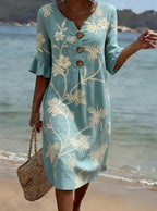 💝💝 Women's casual floral-print dress in a cotton-linen blend