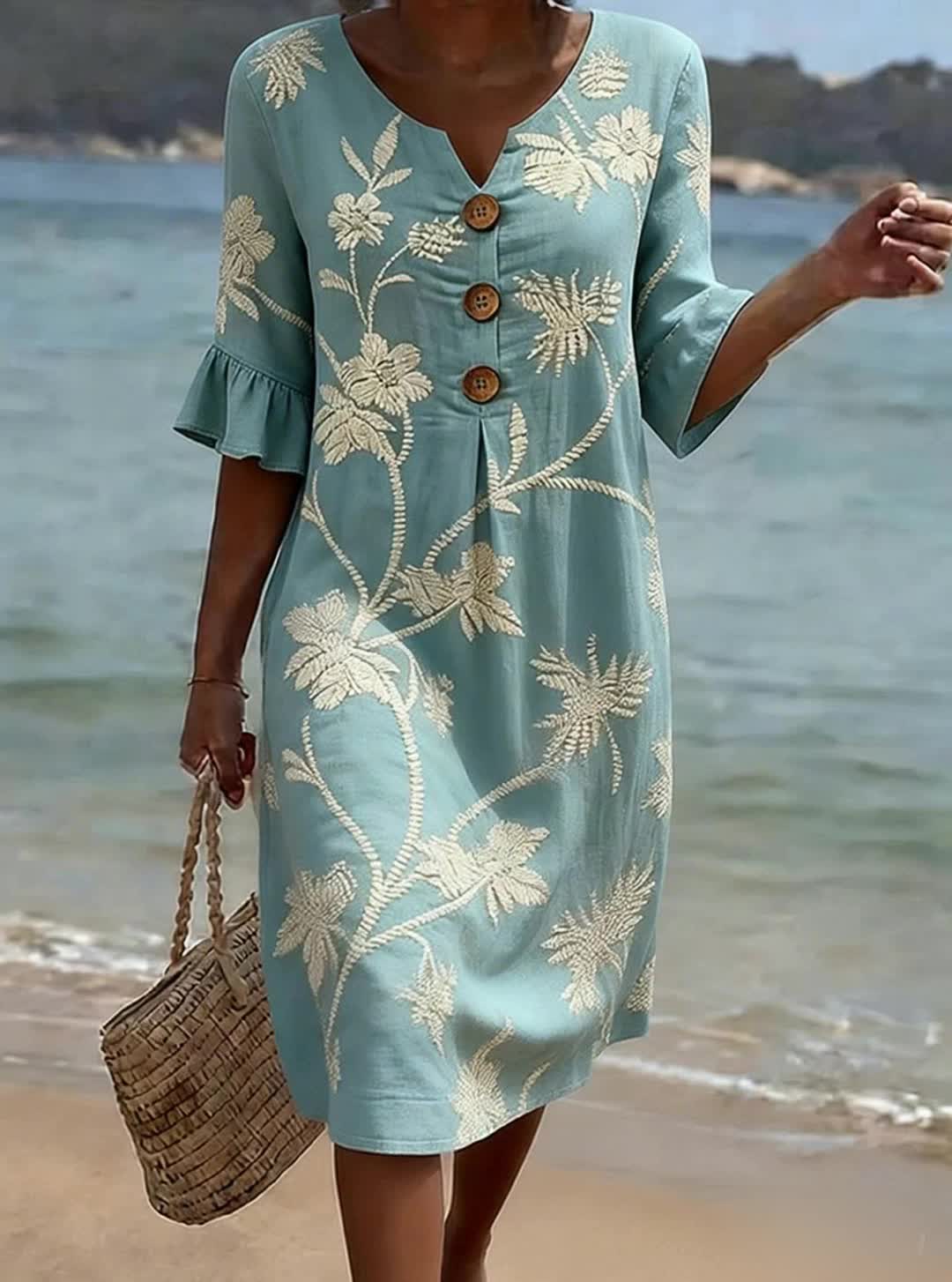 💝💝 Women's casual floral-print dress in a cotton-linen blend