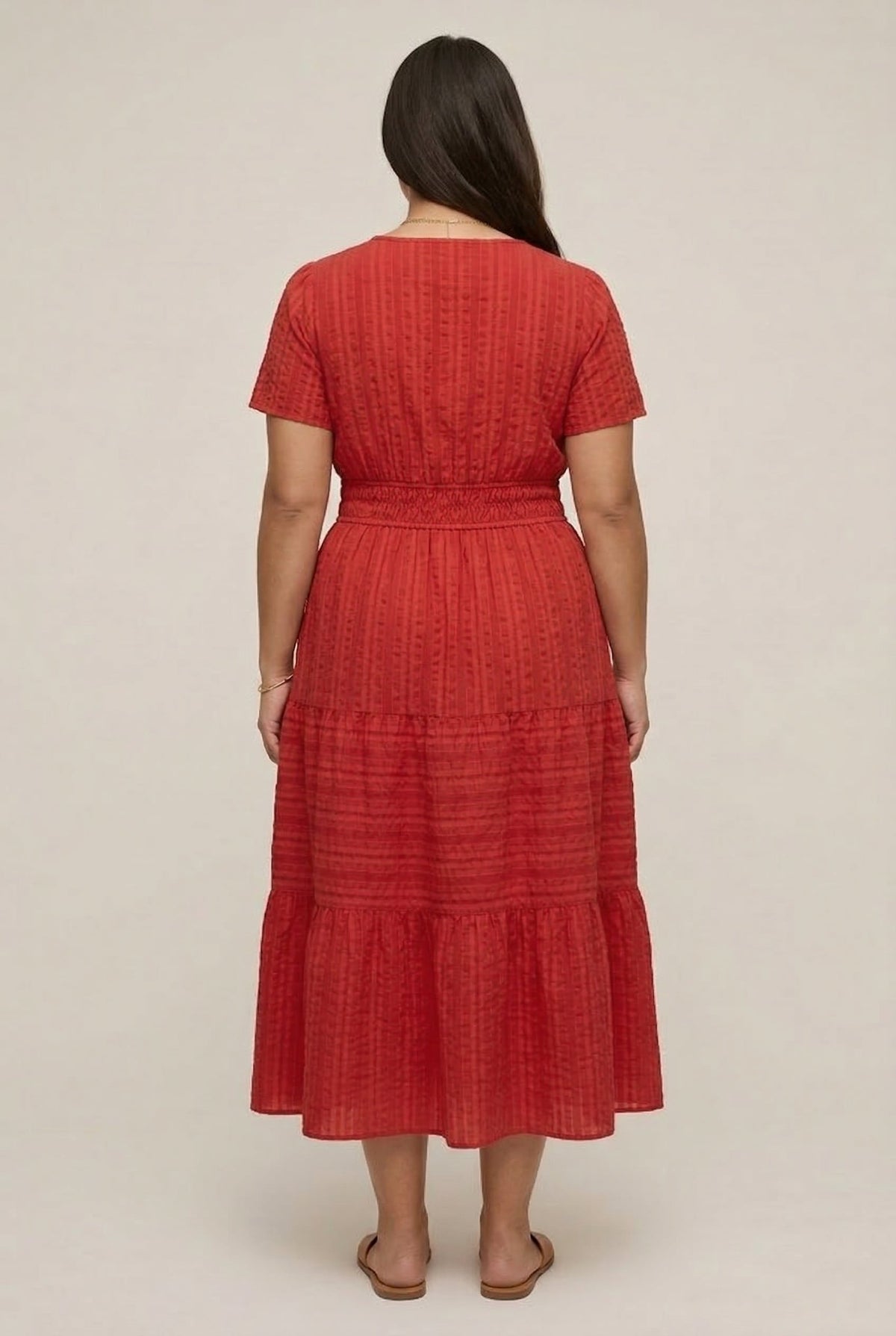 Smocked Waist Long Dress –  V-Neck, Puff Sleeves & Pockets