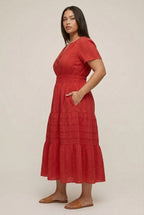 Smocked Waist Long Dress –  V-Neck, Puff Sleeves & Pockets