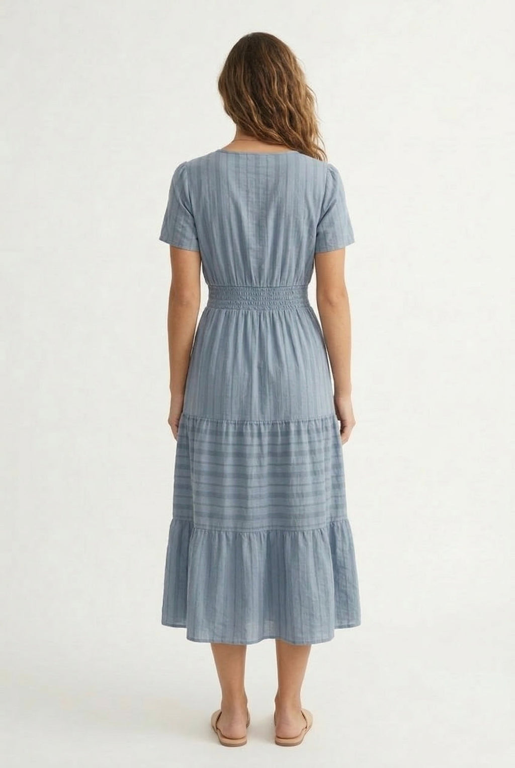 Smocked Waist Long Dress –  V-Neck, Puff Sleeves & Pockets