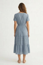 Smocked Waist Long Dress –  V-Neck, Puff Sleeves & Pockets